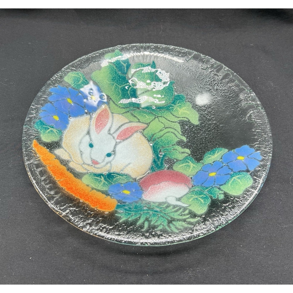 Vintage Peggy Karr Signed Glass Bunny Rabbit Garden Decorative Plate 8.5in